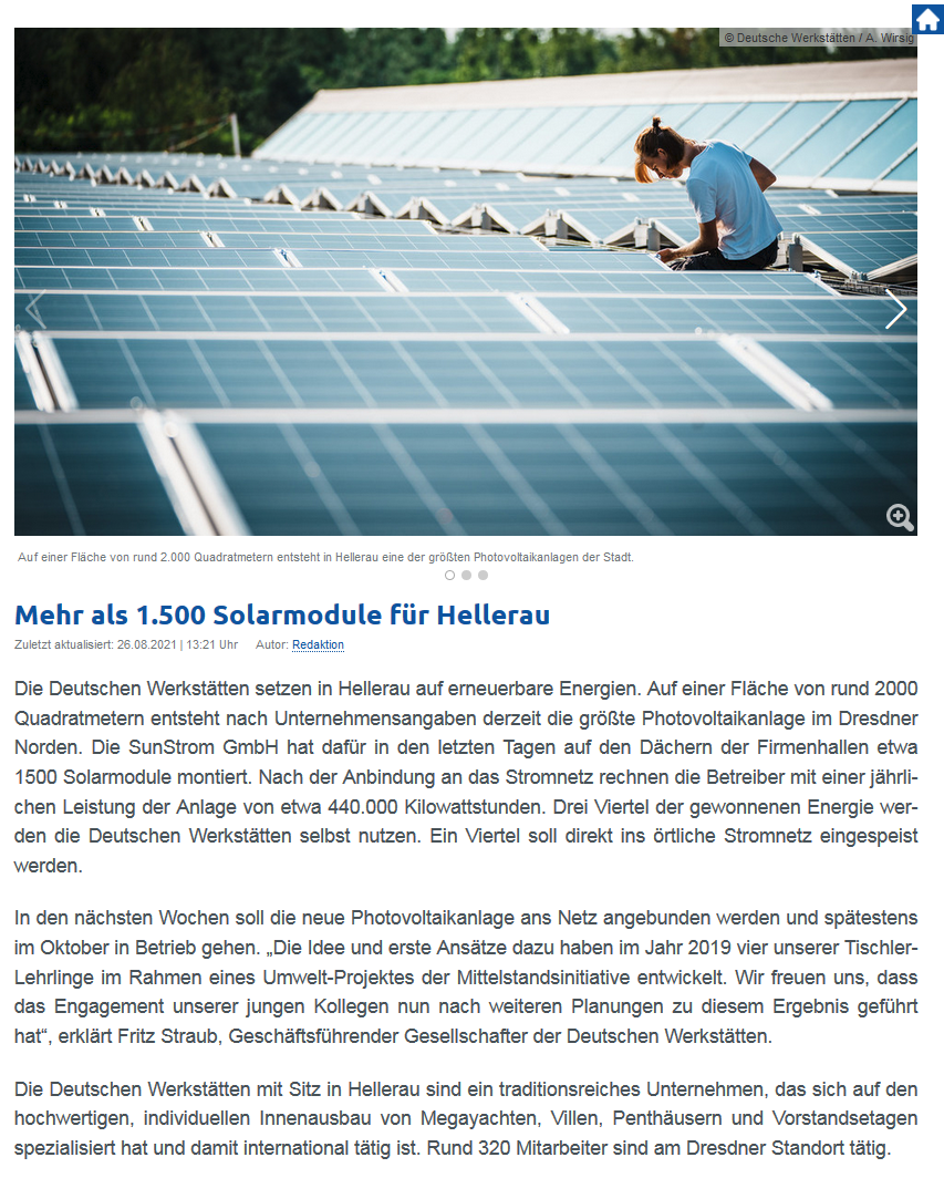 Onlineartikel Radio Dresden: Mehr als 1.500 Solarmodule für Hellerau