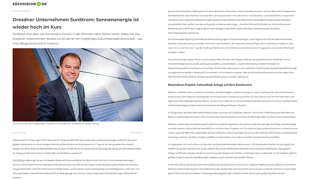 Zeitungsartikel Sächsiche Zeitung: Dresdner Unternehmen SunStrom ist wieder hoch im Kurs