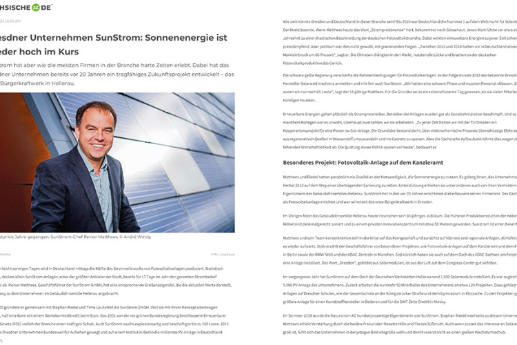 Zeitungsartikel Sächsiche Zeitung: Dresdner Unternehmen SunStrom ist wieder hoch im Kurs